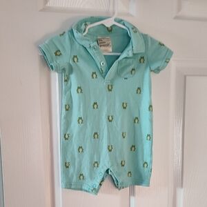 First Impressions Light Aqua Baby Polo Romper with Frog Accents
